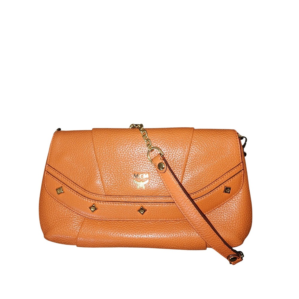 MCM Orange Pebbled Leather Shoulder Bag Gold Chain Studded Flap 2way Bag Luxury - Picture 2 of 8